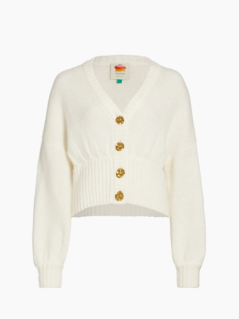 FARM Rio Cream Cropped V-Neck Cardigan with Gold Buttons